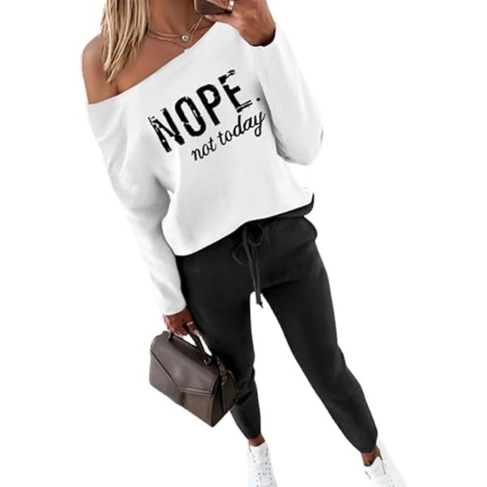 Nope Not Today Graphic‎ Lounge Set Womens White Long Sleeve Top Black Joggers